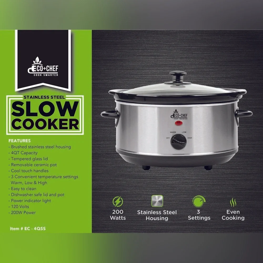 Eco+Chef 4 QUART STAINLESS STEEL SLOW COOKER